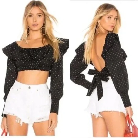 MISA Los Angeles Kayly Black Polka Dot Open Back Ruffle Cotton Crop Top Sz S. 23 - Picture 2 of 11